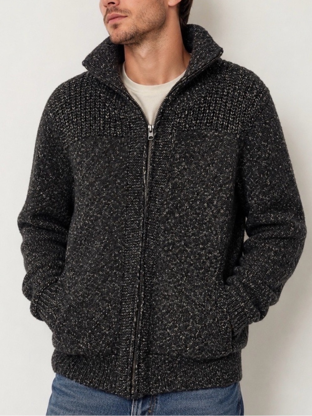 Schott NYC Fleece Lined Charcoal Knit Zip-Up Sweater Jacket, Chunky Cardigan